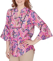 Ruby Rd. Paisley Print Woven Embellished Bib Banded Collar 3/4 Bell Sleeve Top