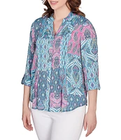 Ruby Rd. Patchwork Print Banded Collar Roll-Tab Sleeve Pleat Detail Button-Down Blouse