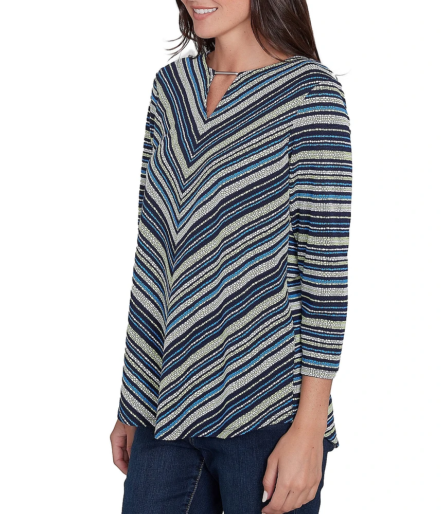 Ruby Rd. Pebble Stripe Keyhole Neck 3/4 Sleeve Top