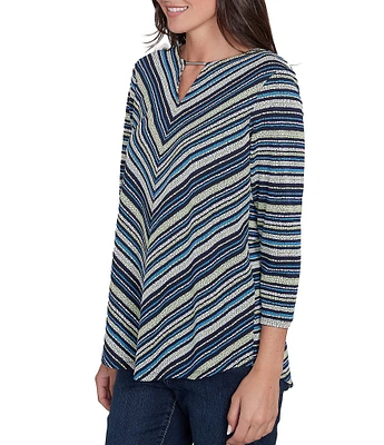 Ruby Rd. Pebble Stripe Keyhole Neck 3/4 Sleeve Top