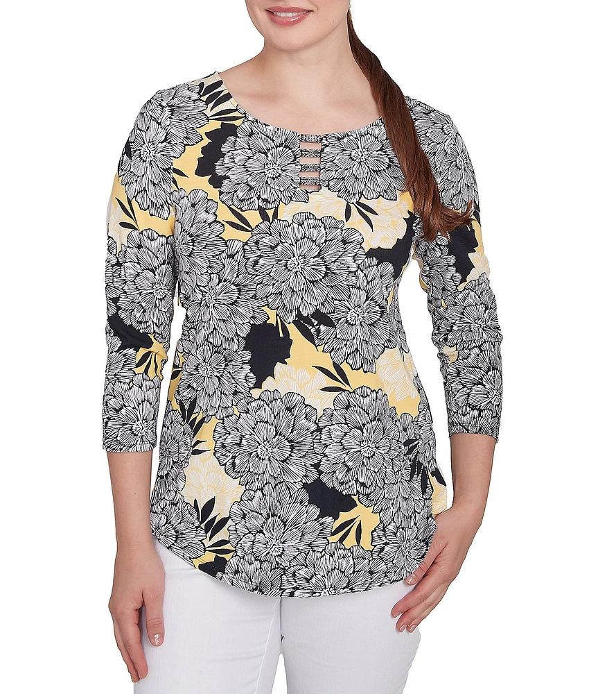 Ruby Rd. Petite Size Abstract Floral Dahlia Knit Crew Neck 3/4 Sleeve Top