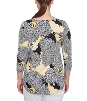 Ruby Rd. Petite Size Abstract Floral Dahlia Knit Crew Neck 3/4 Sleeve Top