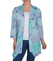 Ruby Rd. Petite Size Bali Patchwork Print Shawl Collar Long Sleeve Open-Front Cardigan