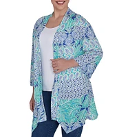 Ruby Rd. Petite Size Bali Patchwork Print Shawl Collar Long Sleeve Open-Front Cardigan