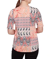Ruby Rd. Petite Size Bali Patchwork Print Split V-Neck Short Sleeve Knit Tee