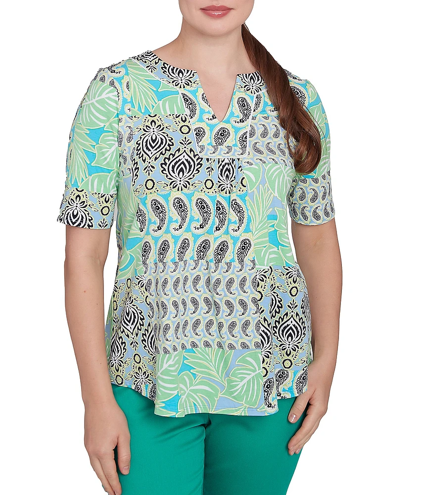 Ruby Rd. Petite Size Bali Patchwork Print Split V-Neck Short Sleeve Knit Tee