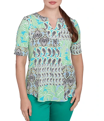 Ruby Rd. Petite Size Bali Patchwork Print Split V-Neck Short Sleeve Knit Tee
