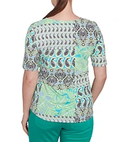 Ruby Rd. Petite Size Bali Patchwork Print Split V-Neck Short Sleeve Knit Tee