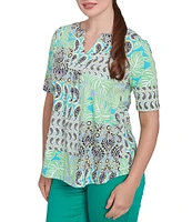 Ruby Rd. Petite Size Bali Patchwork Print Split V-Neck Short Sleeve Knit Tee