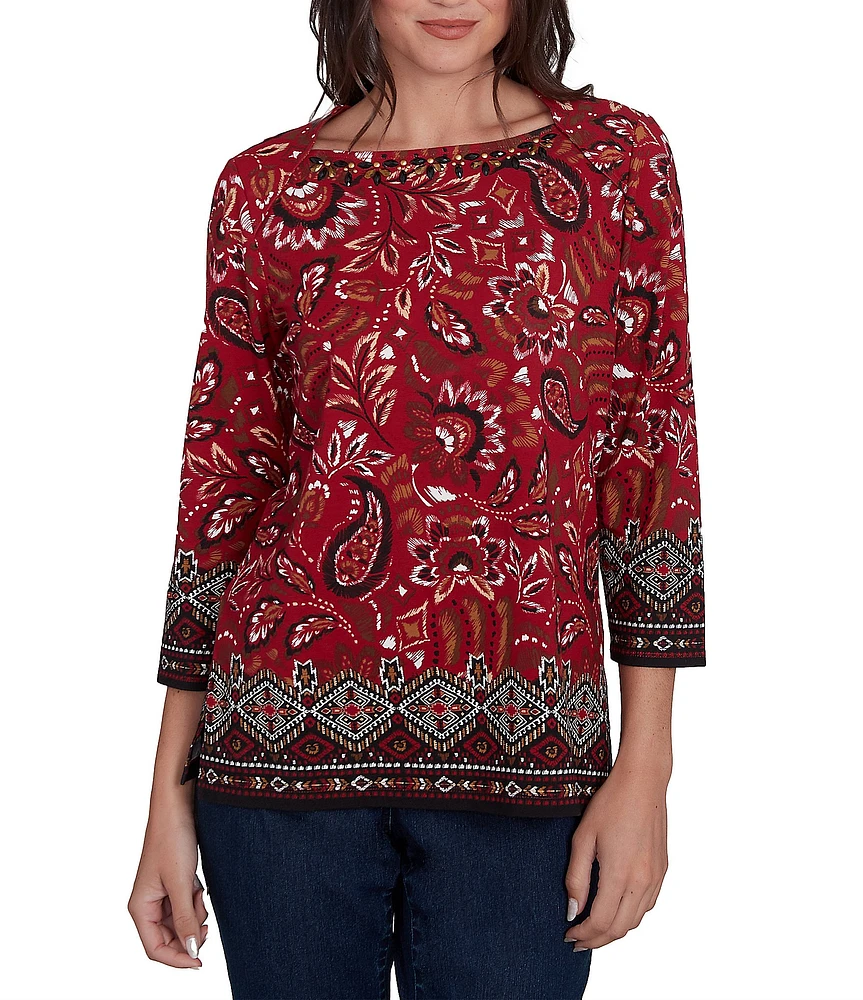 Ruby Rd. Petite Size Paisley Border Print Embellished Boat Neck 3/4 Sleeve Knit Top