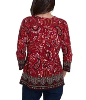 Ruby Rd. Petite Size Paisley Border Print Embellished Boat Neck 3/4 Sleeve Knit Top