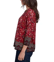 Ruby Rd. Petite Size Paisley Border Print Embellished Boat Neck 3/4 Sleeve Knit Top