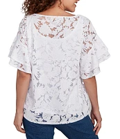 Ruby Rd. Petite Size Burnout Island Print Boat Neck Short Ruffle Sleeve Lined Top