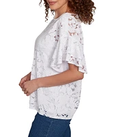 Ruby Rd. Petite Size Burnout Island Print Boat Neck Short Ruffle Sleeve Lined Top