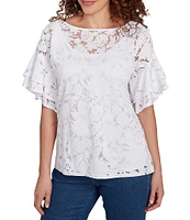Ruby Rd. Petite Size Burnout Island Print Boat Neck Short Ruffle Sleeve Lined Top