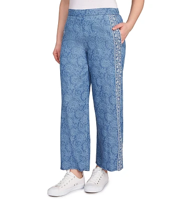 Ruby Rd. Petite Size Contrast Floral Border Print Wide Leg Pull-On Ankle Pants