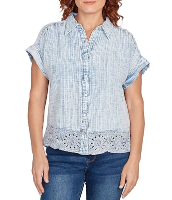 Ruby Rd. Petite Size Cotton Gauze Crochet Point Collar Short Rolled Cuff Sleeve Shirt