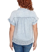 Ruby Rd. Petite Size Cotton Gauze Crochet Point Collar Short Rolled Cuff Sleeve Shirt