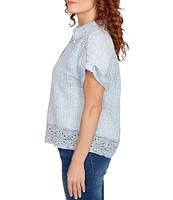 Ruby Rd. Petite Size Cotton Gauze Crochet Point Collar Short Rolled Cuff Sleeve Shirt