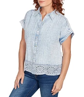 Ruby Rd. Petite Size Cotton Gauze Crochet Point Collar Short Rolled Cuff Sleeve Shirt