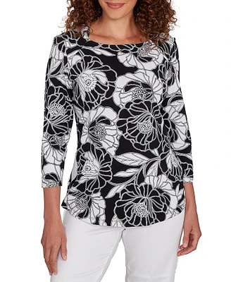 Ruby Rd. Petite Size Cotton Jersey Floral Envelope Neck 3/4 Sleeve Top