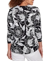 Ruby Rd. Petite Size Cotton Jersey Floral Envelope Neck 3/4 Sleeve Top