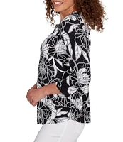Ruby Rd. Petite Size Cotton Jersey Floral Envelope Neck 3/4 Sleeve Top