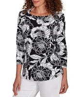 Ruby Rd. Petite Size Cotton Jersey Floral Envelope Neck 3/4 Sleeve Top
