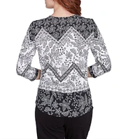 Ruby Rd. Petite Size Cotton Mixed Print Square Neck 3/4 Sleeve Top