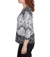 Ruby Rd. Petite Size Cotton Mixed Print Square Neck 3/4 Sleeve Top