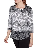 Ruby Rd. Petite Size Cotton Mixed Print Square Neck 3/4 Sleeve Top