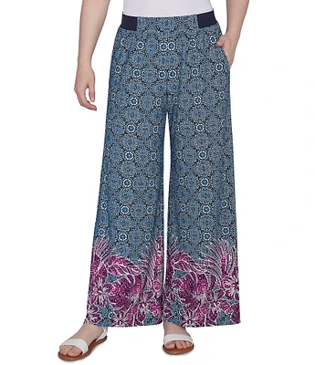 Ruby Rd. Petite Size Crepe Knit Floral Border Print Wide-Leg Pull-On Pants