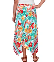 Ruby Rd. Petite Size Crepe Knit Tropical Geo Print Elastic Waist Sharkbite Hem Pull-On A-Line Midi Skirt