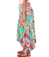 Ruby Rd. Petite Size Crepe Knit Tropical Geo Print Elastic Waist Sharkbite Hem Pull-On A-Line Midi Skirt