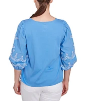Ruby Rd. Petite Size Crew Neck 3/4 Embroidery Puff Sleeve Side Slit Knit Top