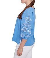 Ruby Rd. Petite Size Crew Neck 3/4 Embroidery Puff Sleeve Side Slit Knit Top