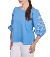 Ruby Rd. Petite Size Crew Neck 3/4 Embroidery Puff Sleeve Side Slit Knit Top