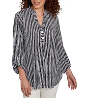 Ruby Rd. Petite Size Crinkle Knit Stripe V-Neck Long Roll-Tab Sleeve Henley Top