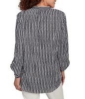 Ruby Rd. Petite Size Crinkle Knit Stripe V-Neck Long Roll-Tab Sleeve Henley Top