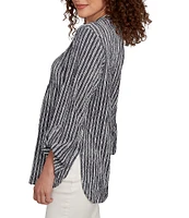 Ruby Rd. Petite Size Crinkle Knit Stripe V-Neck Long Roll-Tab Sleeve Henley Top