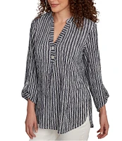 Ruby Rd. Petite Size Crinkle Knit Stripe V-Neck Long Roll-Tab Sleeve Henley Top