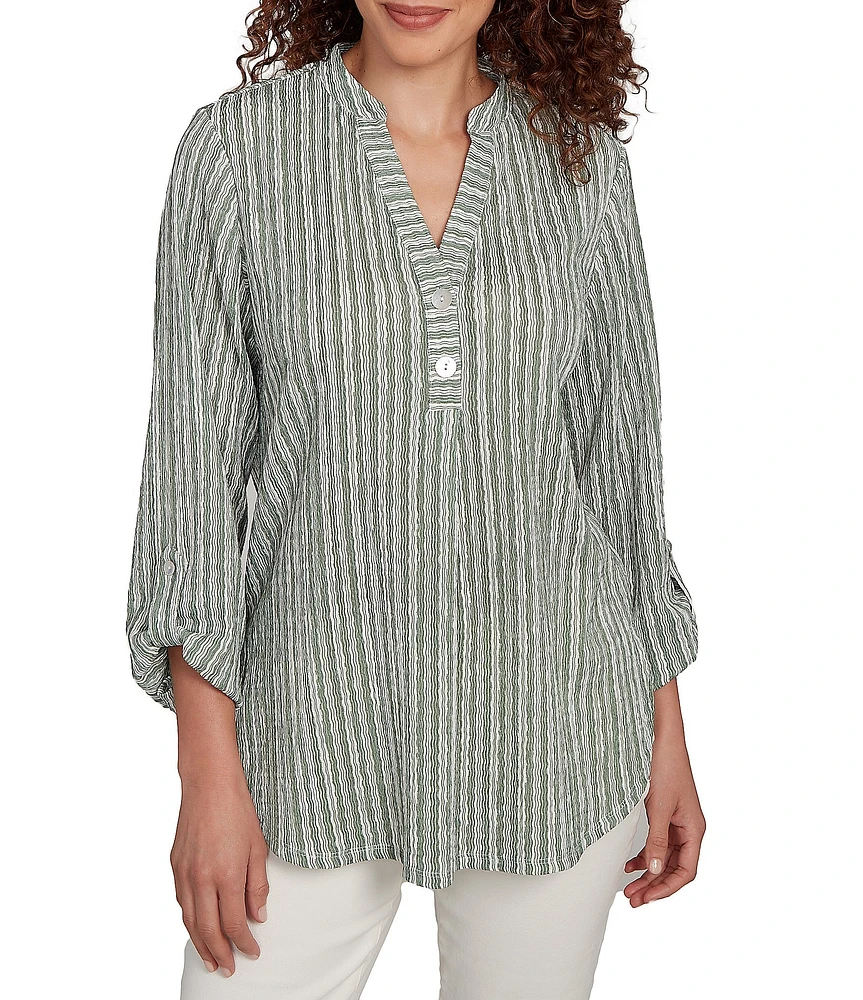 Ruby Rd. Petite Size Crinkle Knit Stripe V-Neck Long Roll-Tab Sleeve Henley Top