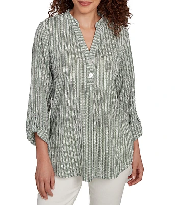 Ruby Rd. Petite Size Crinkle Knit Stripe V-Neck Long Roll-Tab Sleeve Henley Top