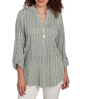 Ruby Rd. Petite Size Crinkle Knit Stripe V-Neck Long Roll-Tab Sleeve Henley Top
