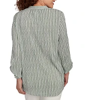 Ruby Rd. Petite Size Crinkle Knit Stripe V-Neck Long Roll-Tab Sleeve Henley Top
