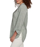 Ruby Rd. Petite Size Crinkle Knit Stripe V-Neck Long Roll-Tab Sleeve Henley Top