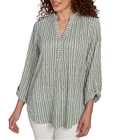 Ruby Rd. Petite Size Crinkle Knit Stripe V-Neck Long Roll-Tab Sleeve Henley Top