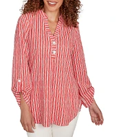 Ruby Rd. Petite Size Crinkle Knit Stripe V-Neck Long Roll-Tab Sleeve Henley Top