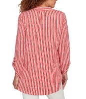Ruby Rd. Petite Size Crinkle Knit Stripe V-Neck Long Roll-Tab Sleeve Henley Top