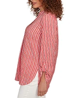 Ruby Rd. Petite Size Crinkle Knit Stripe V-Neck Long Roll-Tab Sleeve Henley Top
